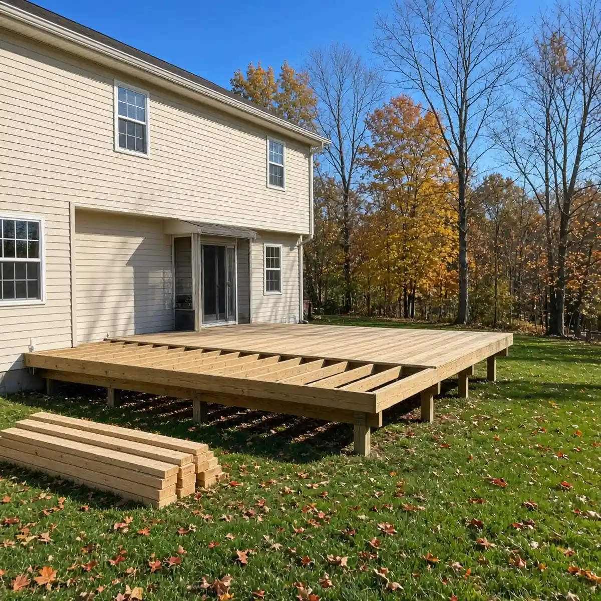 A deck build in progress on a crisp clear autumn day.