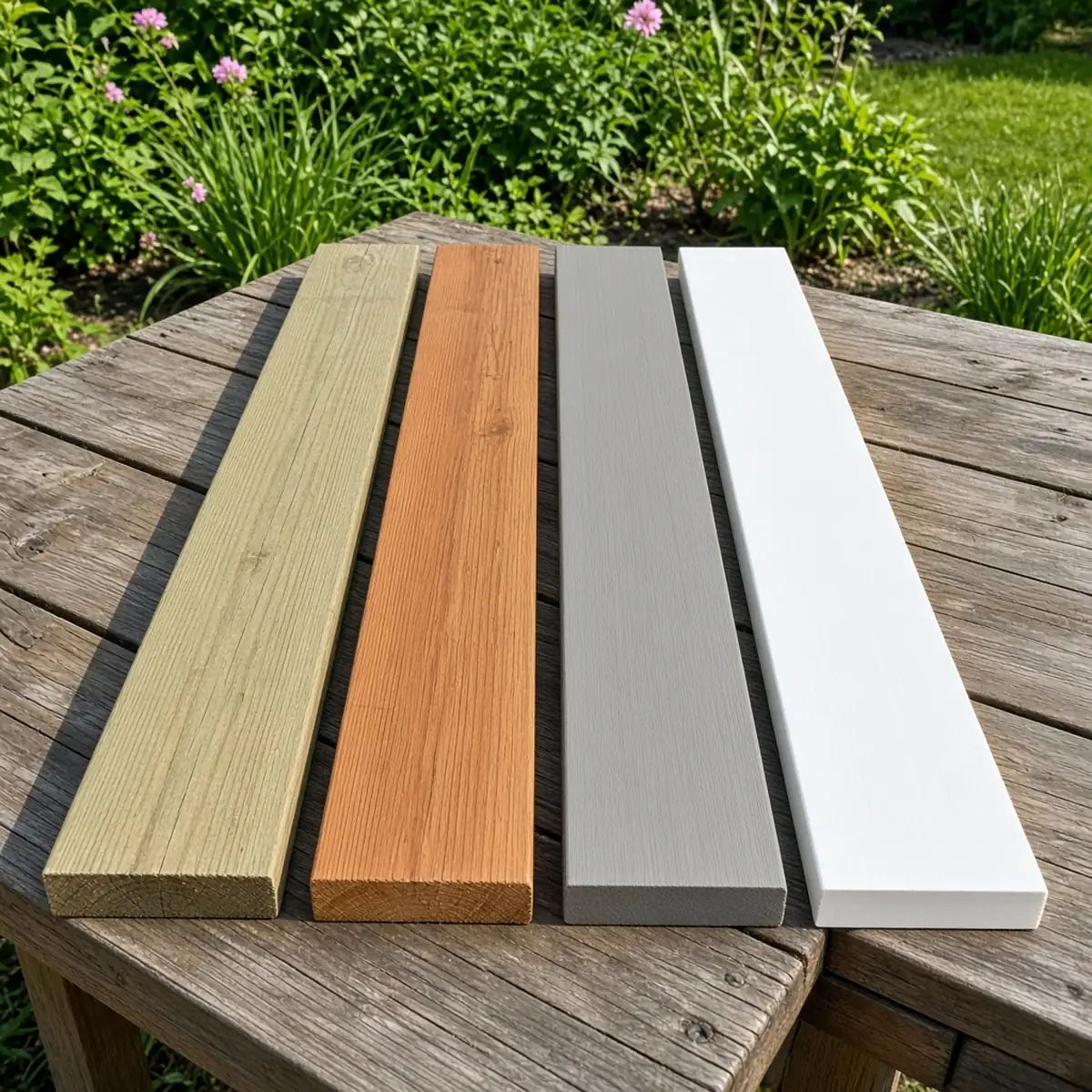 Samples of pressure-treated, cedar, composite and PVC decking boards.