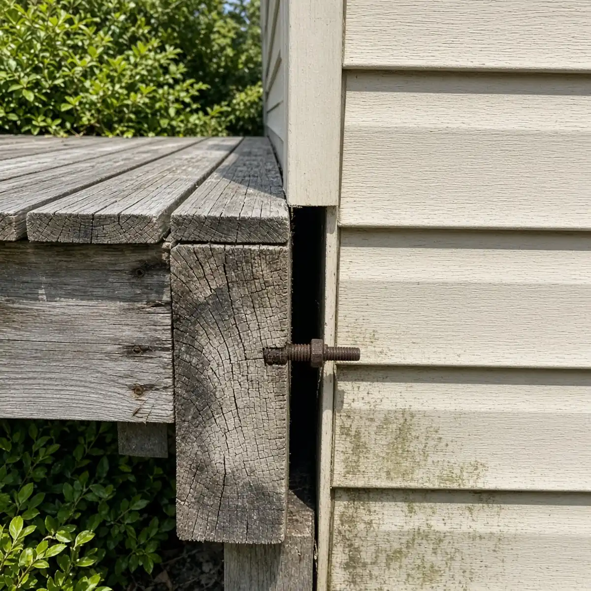 A failing deck ledger pulling away from a house wall.