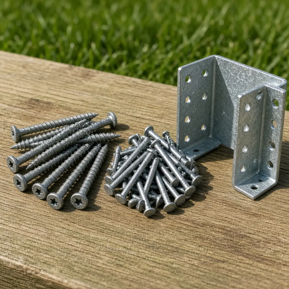 Galvanized deck screws and joist-hanger nails with a connector.