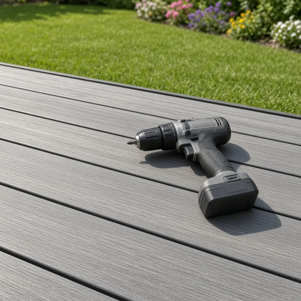 Gray capped composite deck boards fastened with hidden clips.
