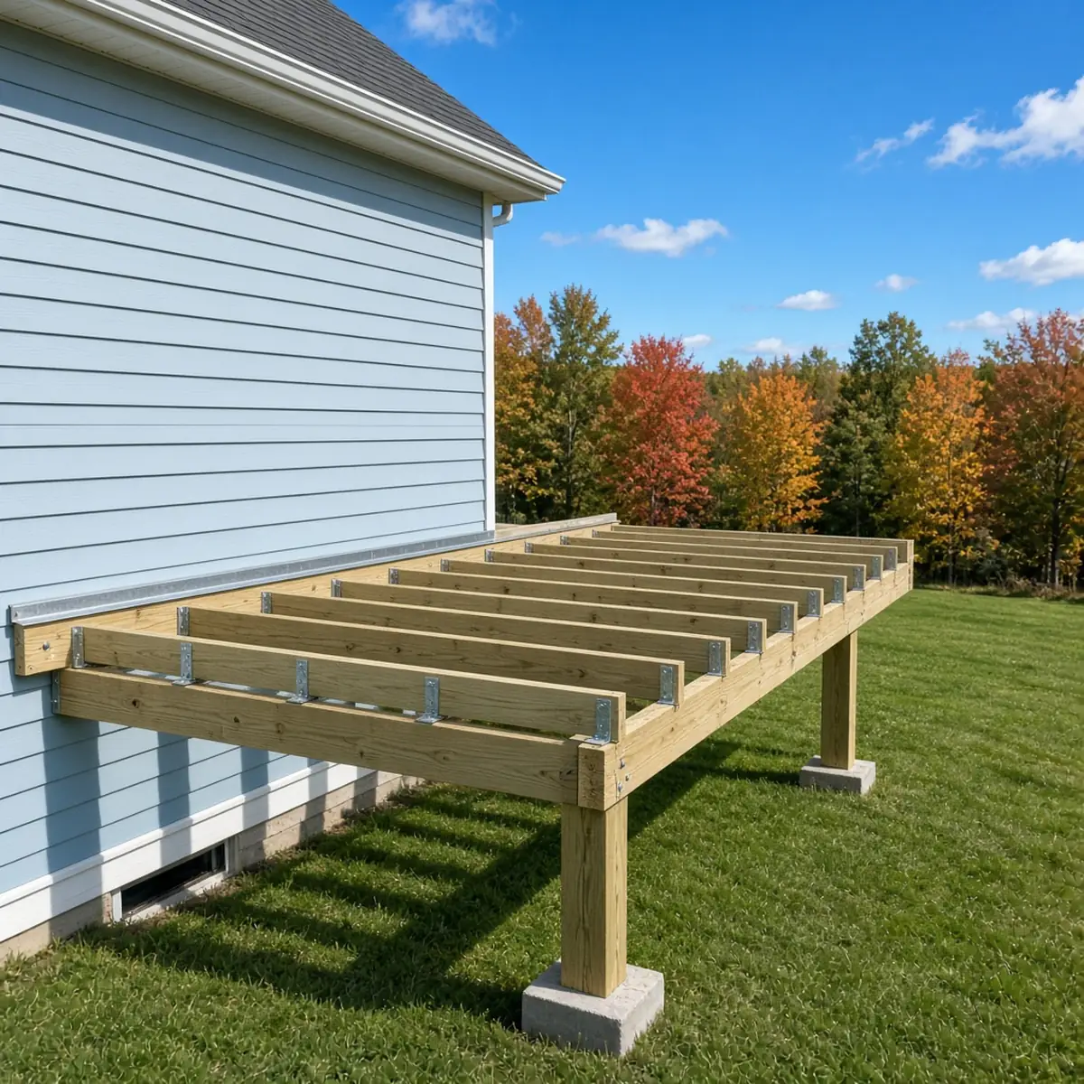 Pressure-treated deck frame with joists and a flashed ledger board on a Collegeville home.