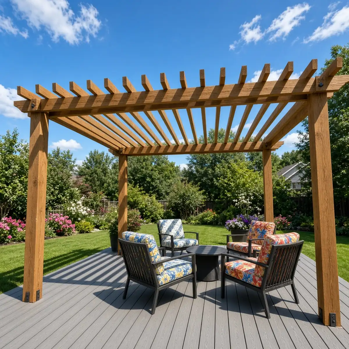 Open slatted pergola over a deck casting striped shade.
