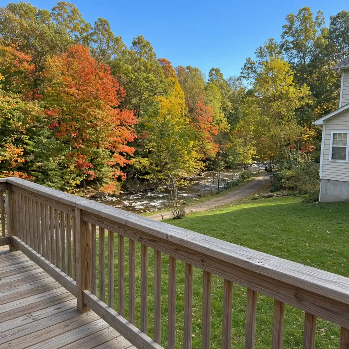 Backyard deck on a home near the wooded Perkiomen Creek corridor.
